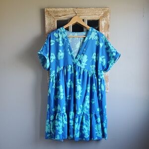 Blue Floral V-Neck Dress
